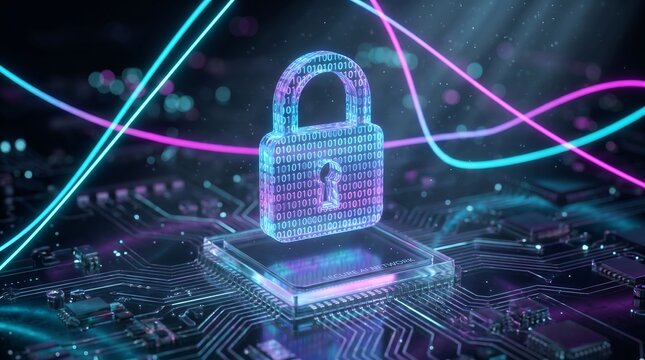 A digital padlock made of binary code sits on a microchip surrounded by neon lines on a circuit board