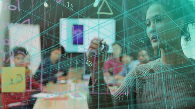 Presenter stepping to glass and drawing during business team meeting, AR grid mapping mockup