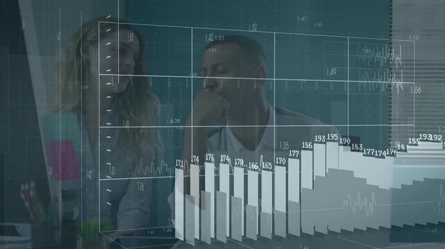 Woman speaking man listening 3D grid on screen bars rising shrinking right showing business metrics