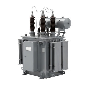 Industrial electrical transformer with ceramic insulators isolated on a white background