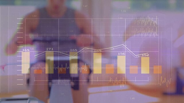 Man reaching for rower handle and initiating fitness tracking, charts updating during home rowing