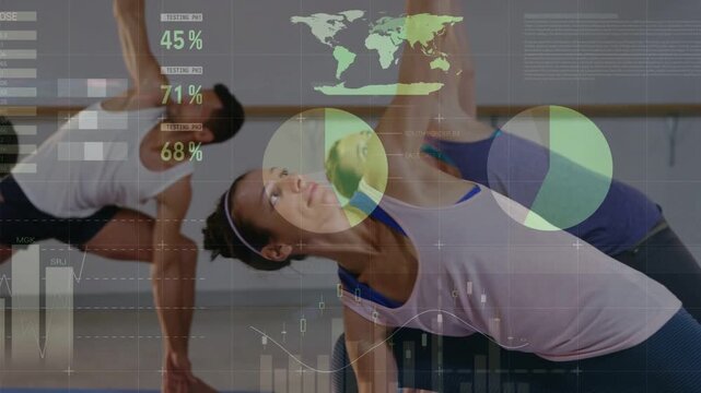 Camera holding front-right woman holding side-bend, HUD highlighting her, animating fitness metrics