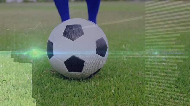 Player shifting weight, lifting foot, kicking ball propelling forward as sports HUD intensifying