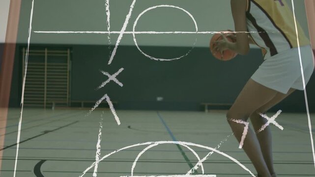 Female player dribbling ball crossing into jump shot for training, chalk diagram rotating on court
