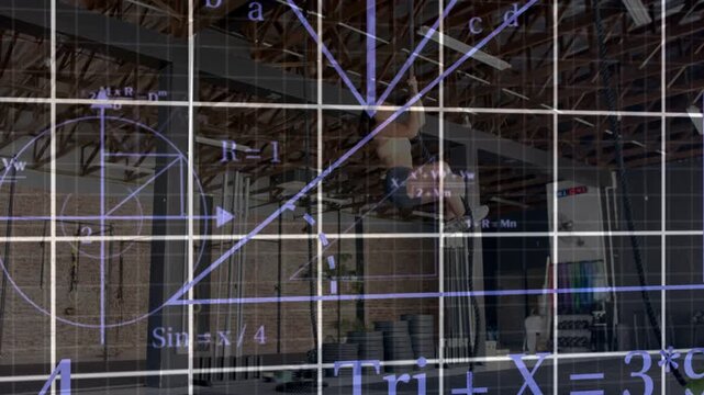 Woman performing ring muscle-up for fitness, initiating pull with hip drive, purple grid analyzing