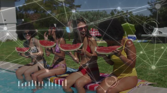 Four women poolside holding slices tapping phone starting HUD aligning charts to slices for martech