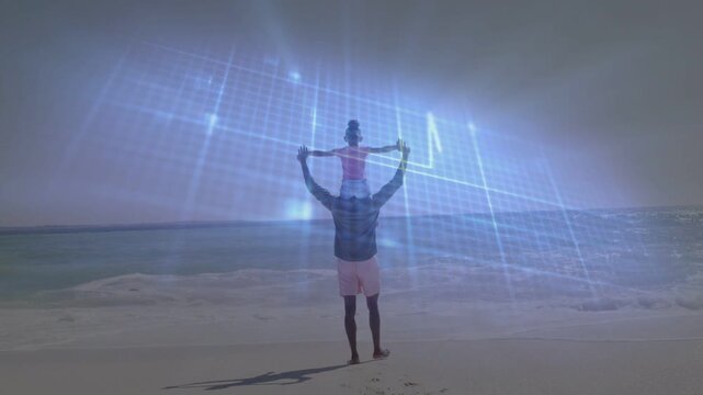 Man carrying child starting walking from shore to sea, sharing moment, blue tech grid ECG drifting