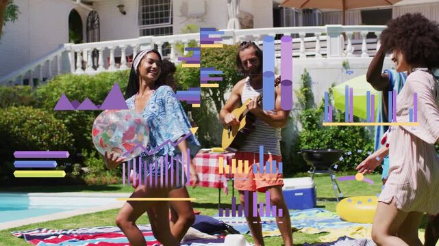 Guitarist strumming, friends dancing on poolside lawn, passing beach ball for marketing content