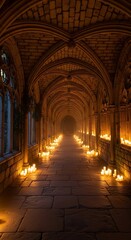 Obraz premium Ancient stone corridor illuminated by flickering candlelight, creating a mysterious and dramatic atmosphere