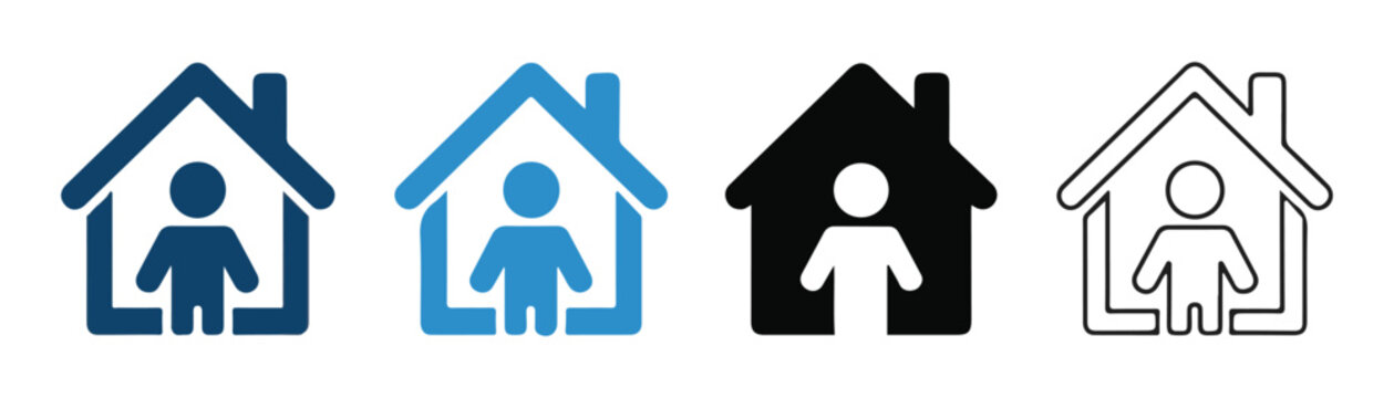 Home icons set person inside house shelter symbol vector isolated blue black on transparent background.