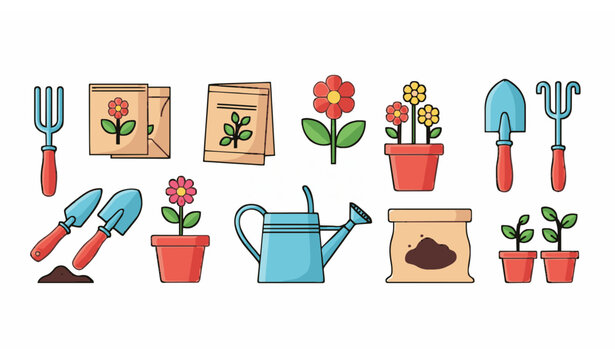 Spring summer gardening collection with tools seeds and potted flowers flat vector illustration