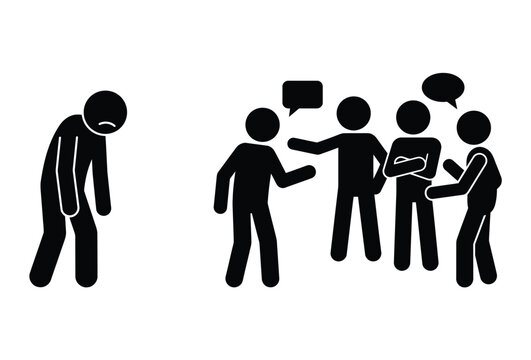 A group of stick figures interacting one isolated and appearing dejected silhouette