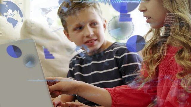Girl tapping laptop pad and boy typing, causing blue tech charts and globes expanding across frame