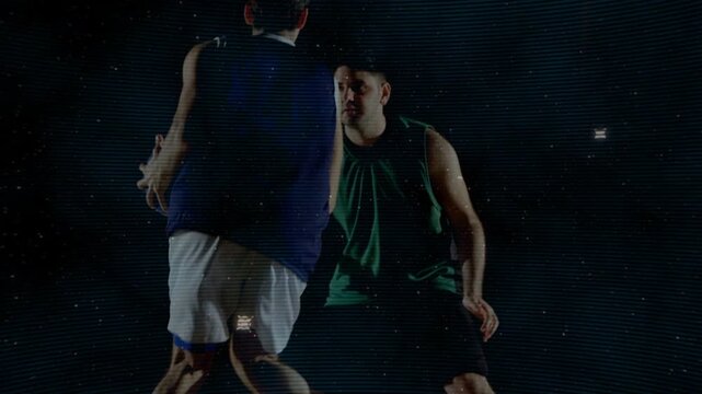 Attacker with ball, driving to score, defender contesting, scanlines enhancing basketball