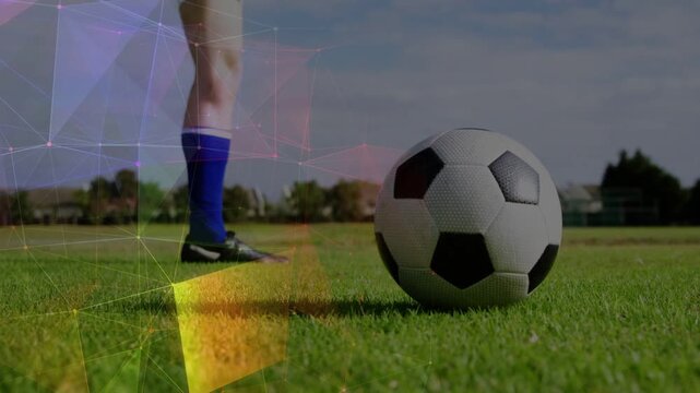 Male player approaching ball, planting, doing feint to advance with lights aiding motion for sports