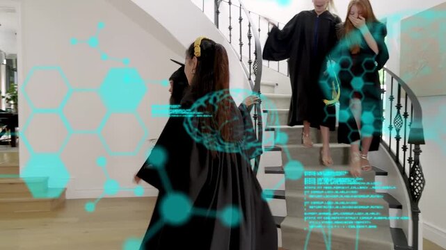 Grads descending curved stairs, leader guiding, fixing caps, celebrating under teal hexagon overlay