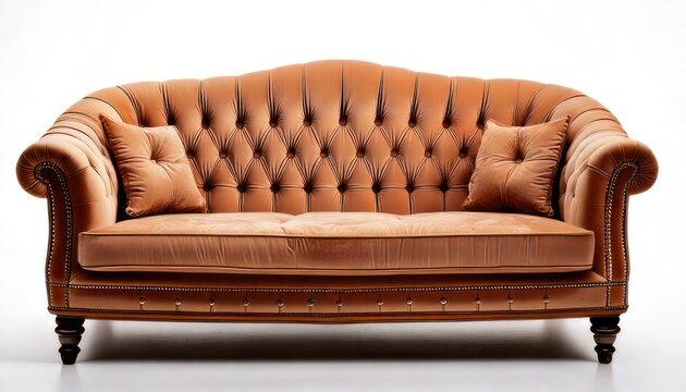 Elegant Tufted Sofa with Pillows in Warm Brown Tones.