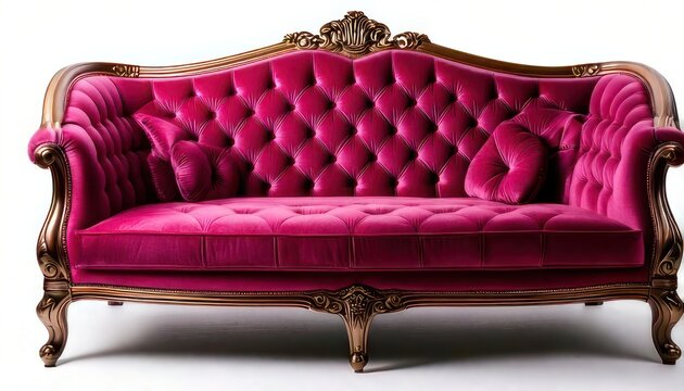 Elegant Tufted Velvet Sofa with Ornate Gold Frame and Pillows.