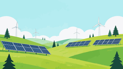 Solar panels and wind turbines in green landscape © Phoenix