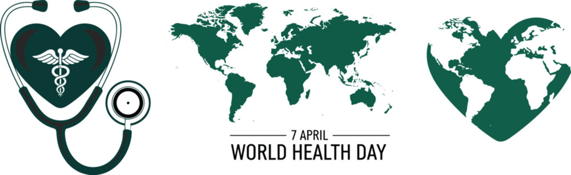 World Health Day illustration for April 7 featuring stethoscope with heart caduceus symbol, world map, and heart shaped global map.