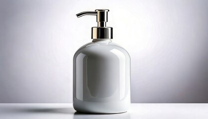 Obraz premium Elegant White Ceramic Soap Dispenser with Chrome Pump on White Surface.