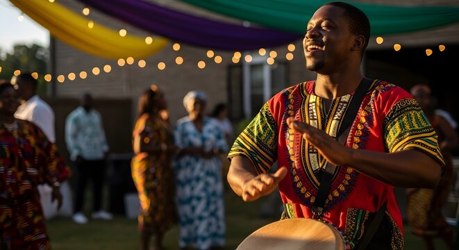 african american man playing drum at outdoor celebration