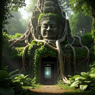 Ancient stone face of a temple emerging from lush jungle, overtaken by roots