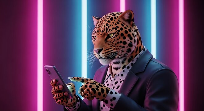 Anthropomorphic leopard in suit uses smartphone, neon lights backdrop