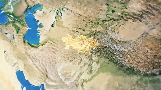 Zooming Into The Earth Showing A Lit Up Map Of Turkmenistan, A Central Asian Country In The Spotlight