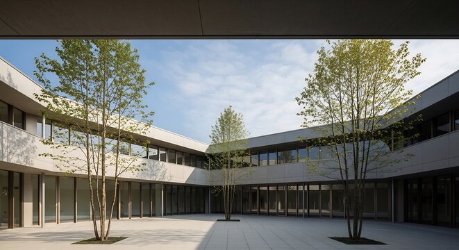 Modern Courtyard Architecture with Trees and Natural Light.