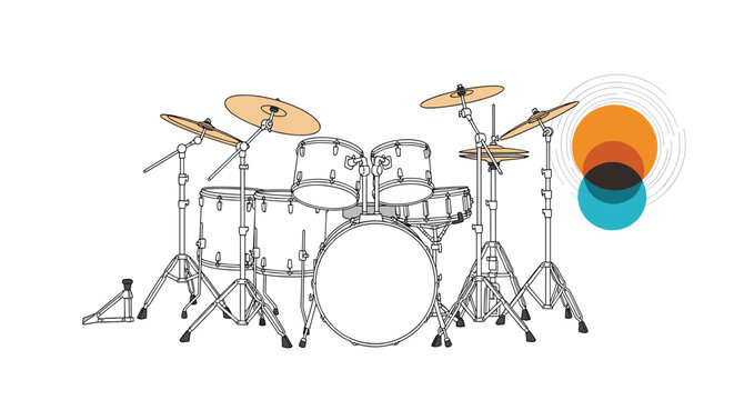 Professional acoustic drum kit with multiple drums and cymbals shown as a detailed line drawing on a white background.