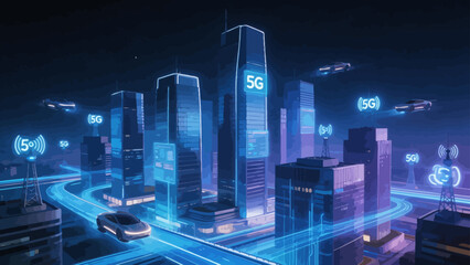 Futuristic city with flying cars and 5G towers © Phoenix