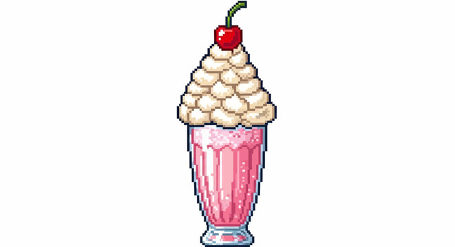 Pixel Art Strawberry Milkshake with Whipped Cream and Cherry.