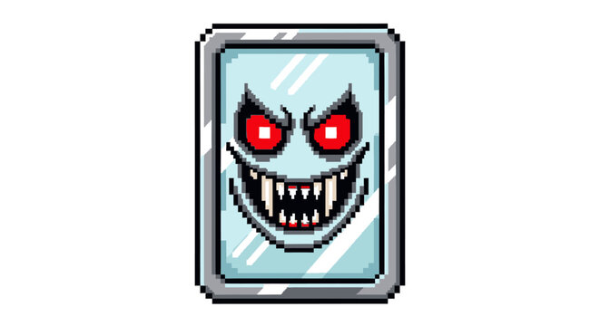 Pixel Art Spooky Mirror Monster Face Icon.