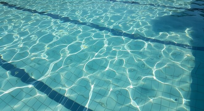 Sparkling clear blue swimming pool water with sunlight reflections on surface and grid pattern of tiles underneath