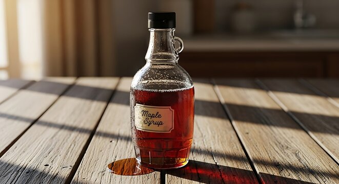 Amber maple syrup in clear bottle, rich liquid spills on wood table