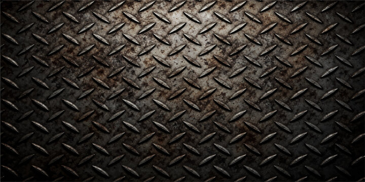 Weathered diamond plate metal texture, rusty steel background, industrial grunge surface, worn metallic pattern, dark iron flooring, high resolution backdrop
