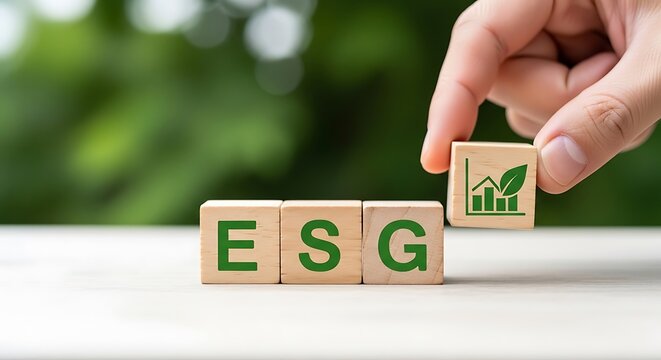 Hand placing wooden block with green growth chart and leaf on ESG cubes