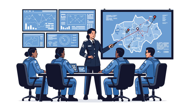 Flat style vector illustration of military officers briefing team in command room with map board, representing strategy planning, coordination, and defense operations management