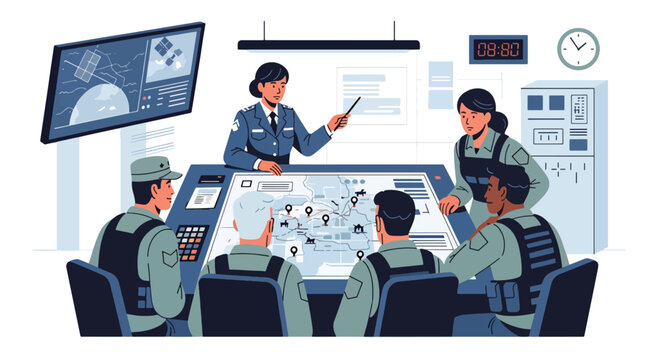 Flat style vector illustration of military officers briefing team in command room with map board, representing strategy planning, coordination, and defense operations management