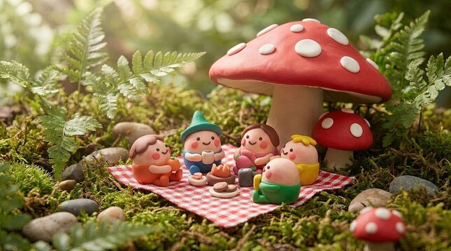 Playful Branding Asset Depicting Tiny Smiling Clay Figures in a Forest Picnic, Gigapixel