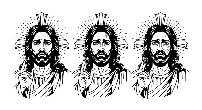 Jesus Christ illustrations set with long hair and beards, wearing halos and robes, making hand gestures