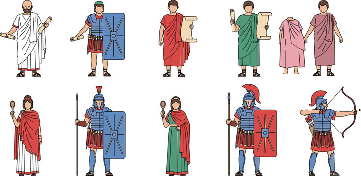 Ancient Roman Character Vector Set with Soldiers, Citizens, and Historical Costumes, Including Gladiator, Senator, and Warrior Figures for History and Education Designs