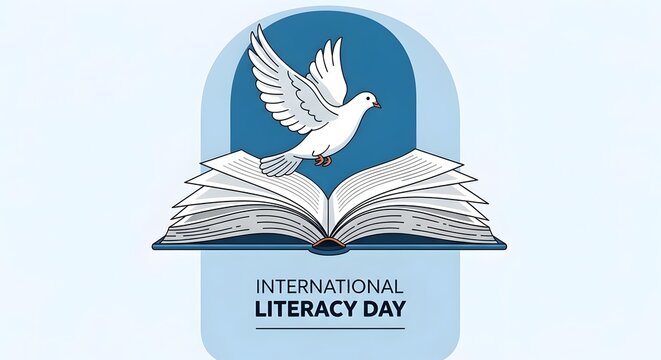 Symbolic depiction of international literacy day with an open book and a dove