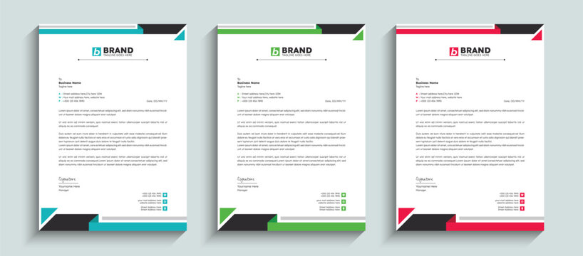 Modern and minimal business letterhead design template with red, blue, and green color. Elegant professional letterhead, stationery, identity, document, branding, layout design