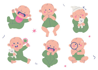 Fototapeta premium Baby Poses and Emotions Hand-Drawn Cartoon Vector Collection