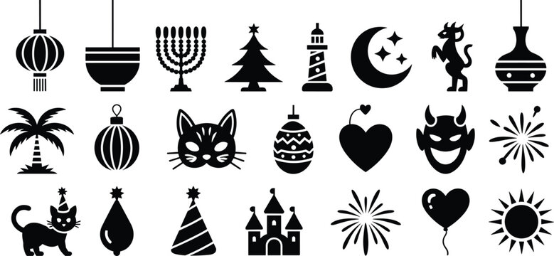 Holiday celebration icons collection featuring Christmas tree, menorah, lantern, fireworks, heart, Easter egg, cultural diversity, festive decorations