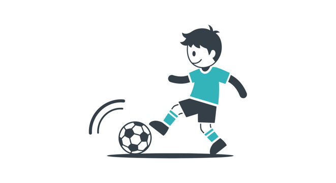 Cartoon boy playing soccer with a ball.