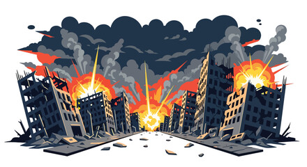 Flat style vector illustration of destroyed city buildings after war with broken structures and empty streets, representing urban devastation, conflict impact, and post-war environment © Amie