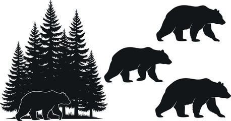 Collection of Bear Silhouettes with Coniferous Pine Trees in Black Vector Illustration for Outdoor Adventure and Wildlife Graphics © Vector Design Hub